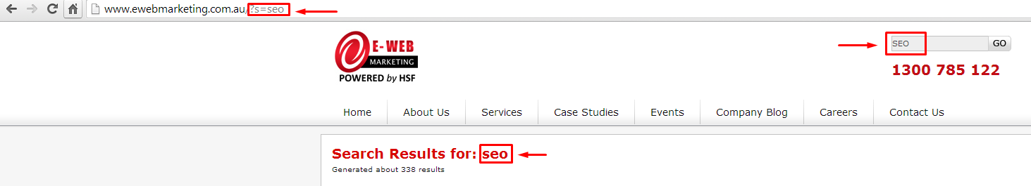 A search performed on the E-Web Marketing website